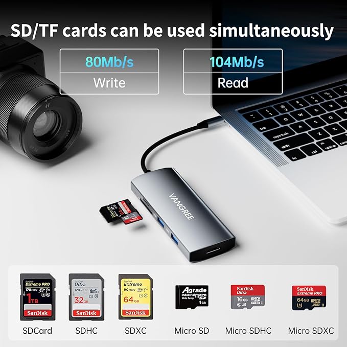 VANGREE USB C Hub 10Gbps, 3 USB C 3.2 Ports, 4K@60Hz HDMI,100W PD, 2 USB 3.0&SD/TF Card Reader, USB Multiport Adapterfor MacBook, iMac, iPad, iPhone 17, and More (Not Support USBC Video Output)