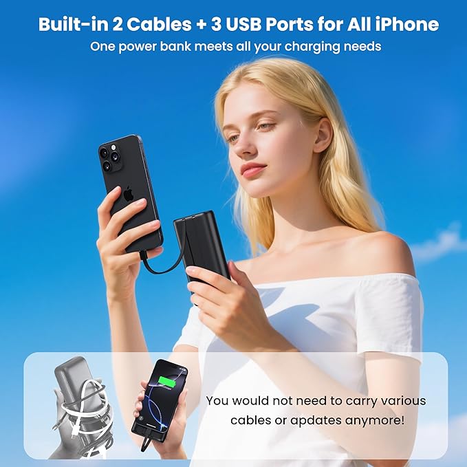 Portable Charger 40,800mAh Power Bank with Built-in Cables,5 USB Output Battery Pack Backup,25W PD USB C Phone Charging LCD Display Compatible with iPhone 16/15/14/13 Pro,Android Galaxy Pixel Nexus