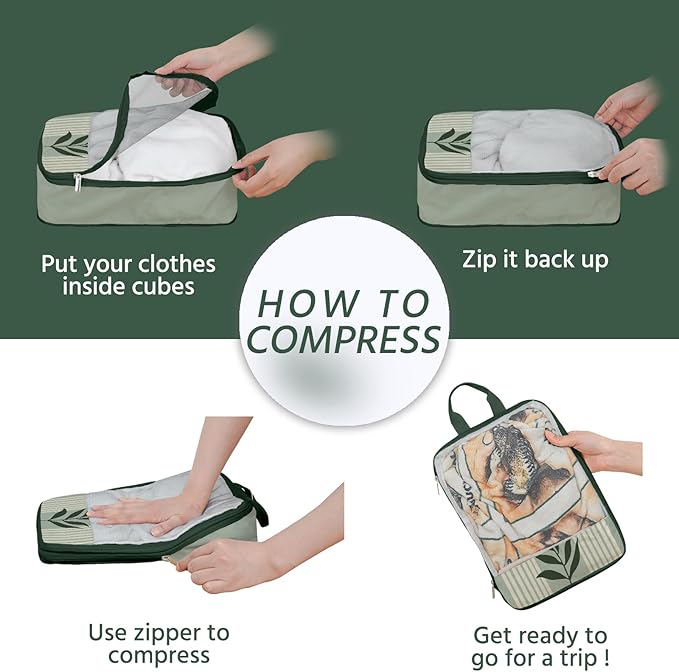 7 Pcs Compression Packing Cubes for Travel, Waterproof Suitcase Luggage Backpack Organizer with Toiletry Bag Travel Essentials for Women/Men-Green Bohemia