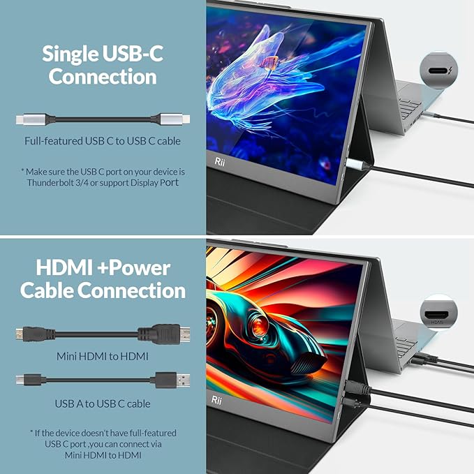 Rii Portable Monitor, 15.6” 1080P FHD USB-C HDMI, Ultra-Slim IPS HDR Display with Cover and Built-in Speaker, Travel Monitor for Laptop/PC/Phone/Mac/Xbox/Switch/PS4/PS5, VESA Mountable