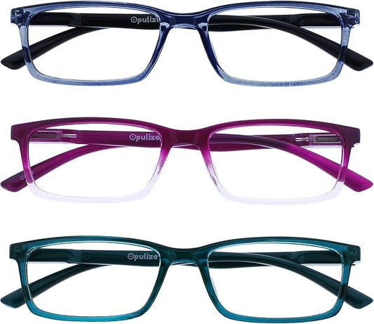 OPULIZE SEE Reading Glasses with Blue Light Blocking for Women and Men, Narrow Frame, Spring Hinges, Computer Gaming Glasses, Blue,Purple,Turquoise +1.5 (Pack of 3)