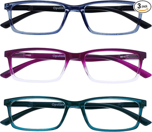 OPULIZE SEE Reading Glasses with Blue Light Blocking for Women and Men, Narrow Frame, Spring Hinges, Computer Gaming Glasses, Blue,Purple,Turquoise +3.5 (Pack of 3)
