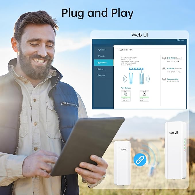 UeeVii Dual-Band Wireless Bridge Router Kit | 2.4G 5.8G WiFi Bridge | 5KM Point to Point Wireless Bridge Outdoor Network Starlink Extender for Barn/Shop | IP65 Weatherproof | Plug & Play