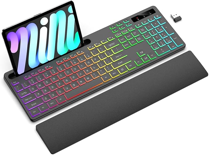 Wireless Keyboard with 7 Colors & 4 Modes RGB Backlit, Ergonomic Keyboard with Wrist Rest, Phone Tablet Holder, 2.4G Light Up Computer Keyboard with Numeric Keypad for Mac, Windows