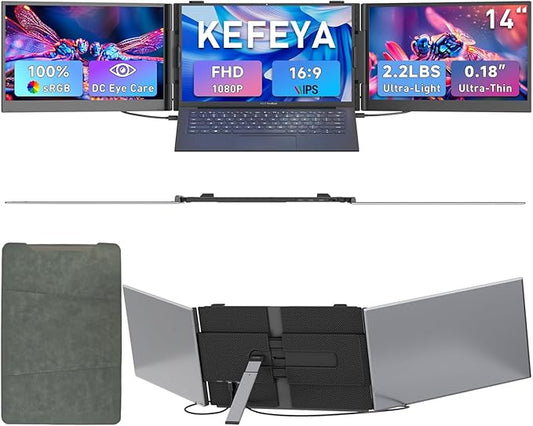 0.18" Ultra-Thin Triple Laptop Screen Extender, 14" 1080P FHD Portable Monitor for Laptops 13-17.3", Laptop Monitor Extender 2.2LB, USB-C HDMI Plug-Play for Mac Windows PS Switch Phone Pad Travel Work