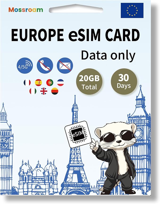 Europe eSIM Card: 20GB High-Speed Data, 30 Days Prepaid Plan for 7 Countries, Hotspot Support | Ideal for Travel UK, France, Germany, Italy & More No Contract, No SIM Card,No Voice Call, No SMS