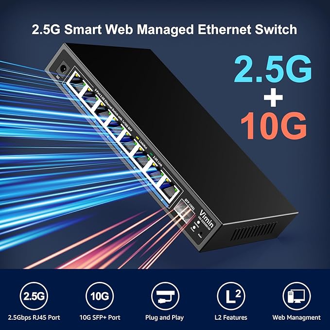 8 Port 2.5G Web Managed Ethernet Switch with 10G SFP, VIMIN 9 Port 2.5G Smart Network Switch Managed 60Gbps Switching Capacity, Support Vlan/QoS/IGMP/Static Aggregation, Desktop/Wall-Mount, Fanless