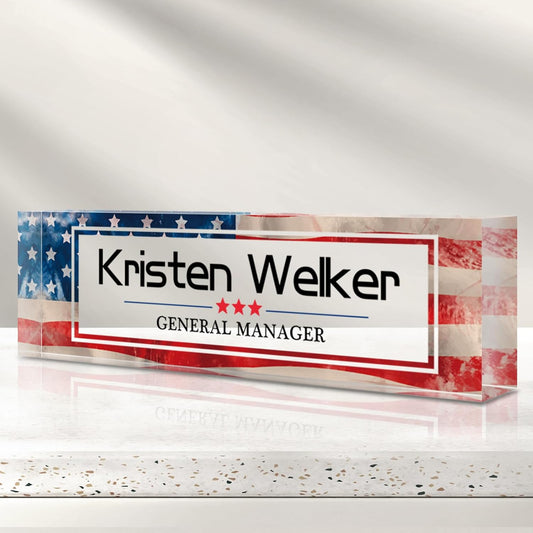 Personalized Name Plate for Desk - Custom Engraved Name Plates for Man - Boss Day Gifts for Boss - Acrylic Office Decor Appreciation Gifts for Teacher Nurse Coworker Social Worker (Flag)