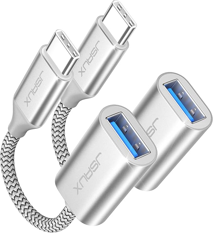JSAUX USB C to USB Adapter [2 Pack], USB Type C Male to USB 3.0 Female OTG Cable Thunderbolt3 to USB Adapter Compatible with MacBook Pro/Air 2019 2018 2017, Galaxy S23 S23+ Ultra Note 10 S9 S8-Silver