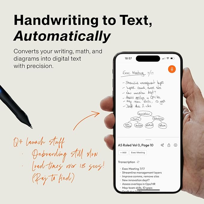 inq Smart Writing Set – Converts Handwriting to Text – Real Ink on Real Paper - AI Note Taking, Voice Recording and Transcription, For iPhone and Android - Smart Pen & Notebook (A5, Journal Size)