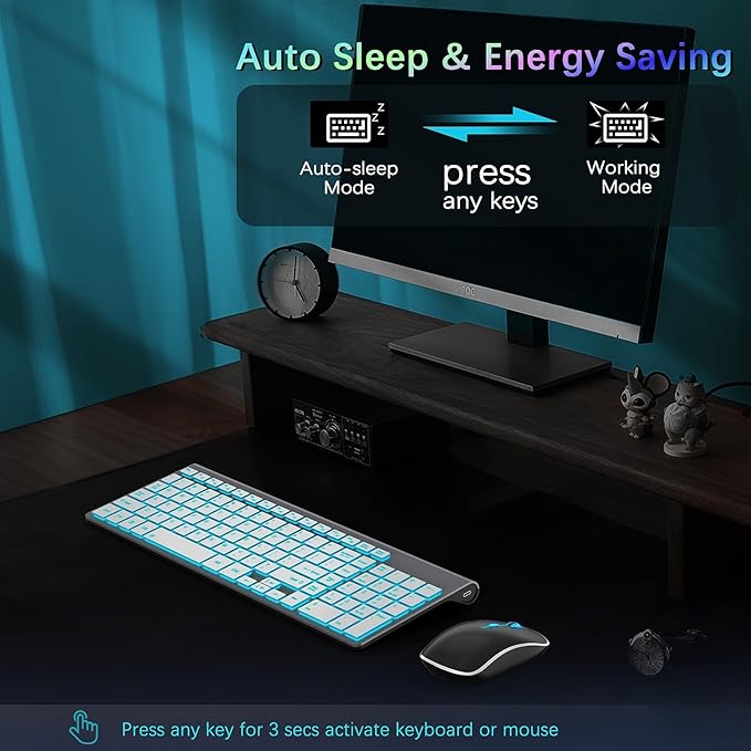 J JOYACCESS Wireless Keyboard and Mouse Combo with 7 Backlit Options,Quiet Light Up Keys,Type-C Rechargeable,Sleep Mode-2.4G Slient Portable Cordless Combo for Laptop/PC/Computer/Mac(Grey+Sliver)