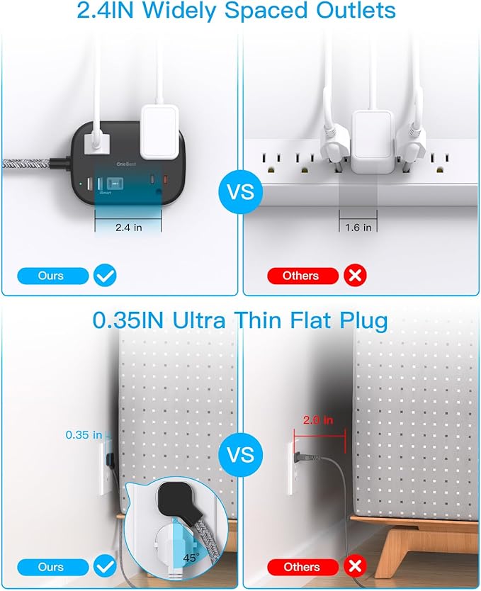One Beat Cruise Ship Essentials,Travel Power Strip with USB C,Flat Plug Extension Cord with 3 Outlets 4 USB Ports(2 USB C),5 ft Desk Wall Outlet Extender,Non Surge Protector for Cruise,Dorm, Black
