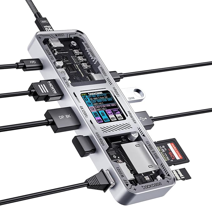 DOCKCASE Explorer Edition USB C Hub (10-in-1) with 4K@60Hz HDMI & DP, Gigabit Ethernet,1 USB-C and 3 USB-A Ports,100W Power Delivery, UHS-II TF/SD Card Slot for MacBook Air/Pro,XPS,and More