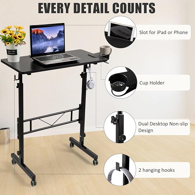 SIDUCAL Standing Desk Adjustable Height, Small Mobile Table with Wheels, Rolling Desk for Standing or Sitting, Portable Computer Desk for Walking Pad, Black