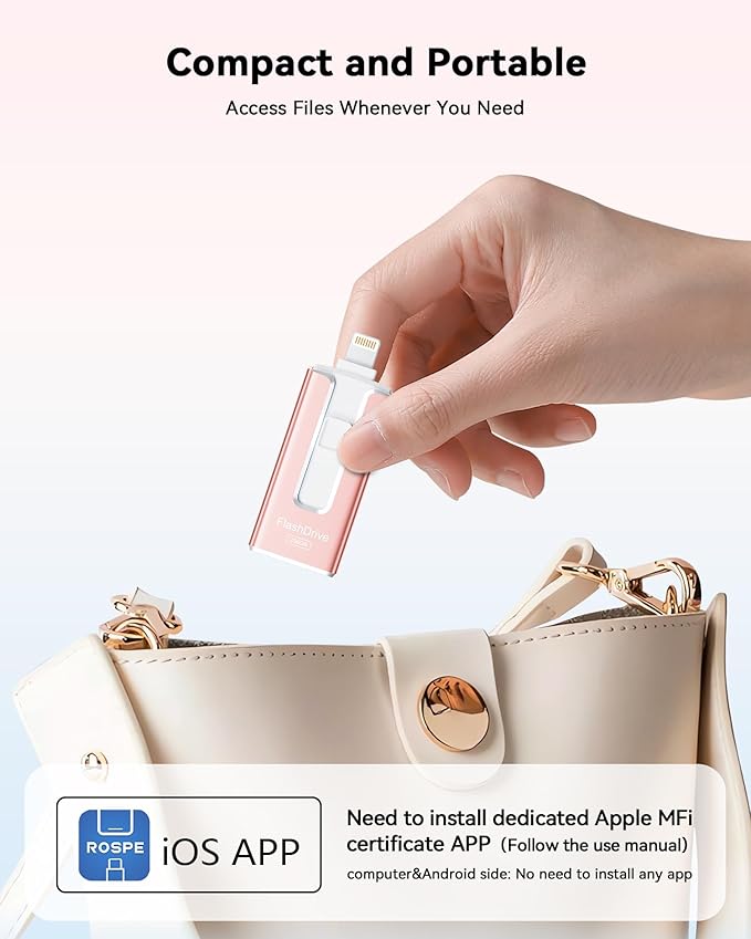 MFi Certified Flash Drive for iPhone 256GB, 3 in 1 Type-C USB Memory Stick Thumb Drive for Photos Videos, High Speed External Memory Storage Photo Stick for iPhone iPad Android PC (Rose Pink)