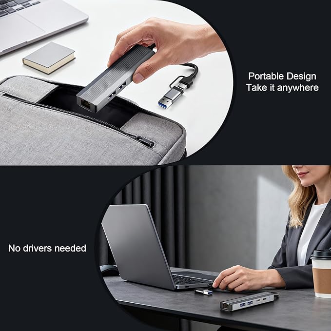 5-in-1 USB C Hub Adapter with Gigabit Ethernet, 2X USB 3.0 Ports, 2X USB C Data Ports, for Windows MacOS Linux Computers and Laptops