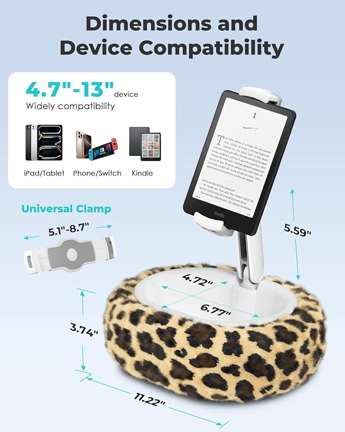 Viozon Tablet Pillow Stand,Kindle Pillow Stand, Compatible with 4-11" Tablet/Phone with Small Bowl, Kindle Holder Accessories,Idea for Reading and Video Watching On Bed,Leopard