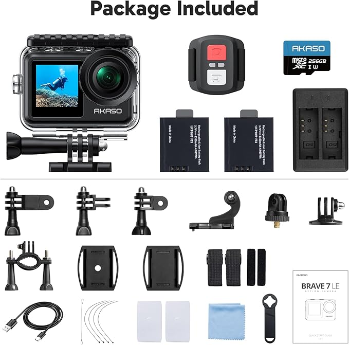 AKASO Brave 7 LE 4K30fps Action Camera with 256GB MicroSDXC U3 Memory Card Accessories Kit Bundle Ultra HD 131FT Waterproof Camera EIS 2.0 WiFi Remote Control Zoom Underwater Camera
