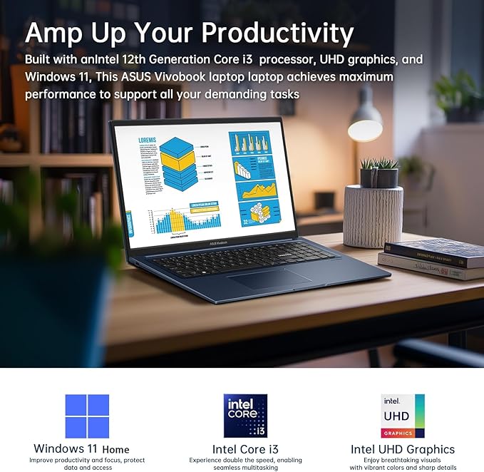 ASUS Vivobook Laptop,17.3" FHD Anti-Glare Display, Core i3-1215U (up to 4.4GHz), 16GB RAM, 512GB SSD + 128GB Portable SSD, WiFi 6E, Webcam, Keypad, Copilot, with 2019 Lifetime Office, Win 11 Home