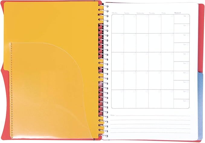 Mintra Office Durable PREMIUM Spiral Notebook, ((Red, 2 Subject (6in x 9.5in)), Wire, Fabric Covered Coils, No Snags, Removable Adjustable Pocket Dividers, Ruler, Organization, Customizable