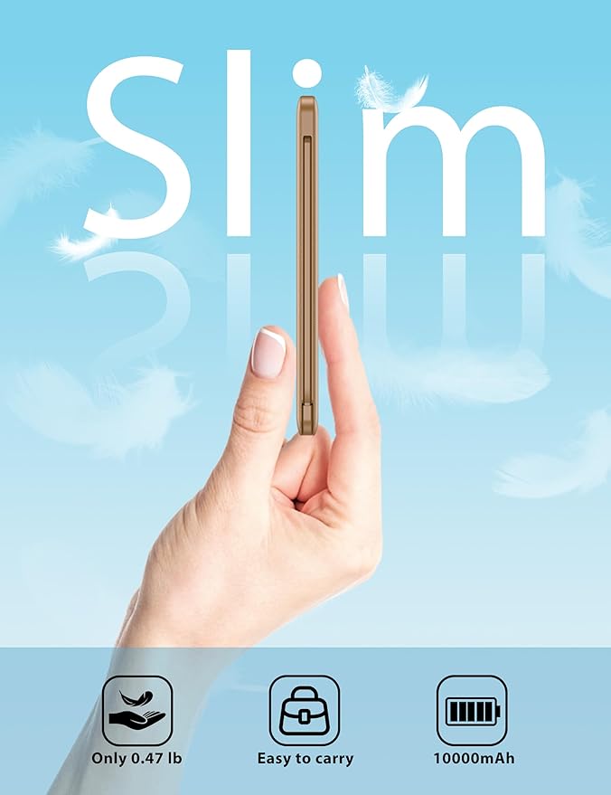 10000mAh Slim Portable Charger with Built in Cable, Power Bank Travel Charger External Battery Pack for Phone, 4 Output USB Type C Cord Clutch Charger Compatible with iPhone, Brown