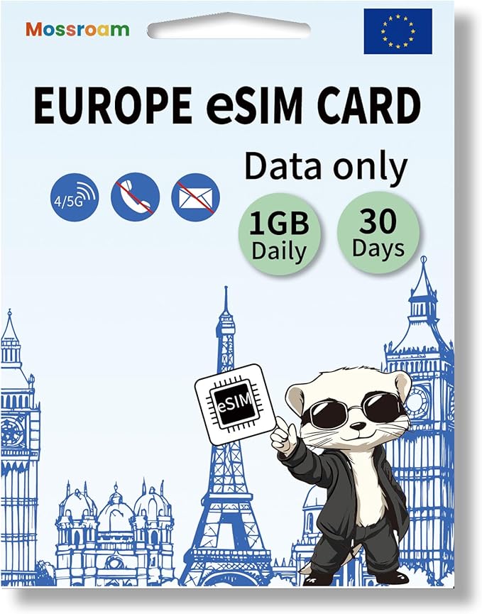 eSIM for Europe Travel,1GB Data/Daily 30 Days at 4G/5G speeds,Data Only eSIM,Use Europe eSIM in UK & 30+ Countries in The EU