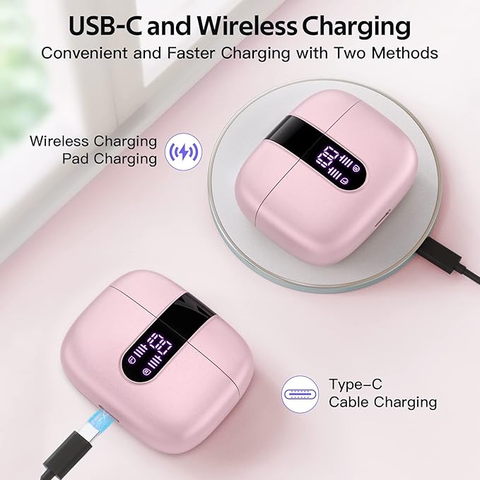 TAGRY 2 Sets X08 Pink and Purple Bluetooth Headphones True Wireless Earbuds 60H Playback Ear Buds with Wireless Charging Case in-Ear Earbuds with Mic