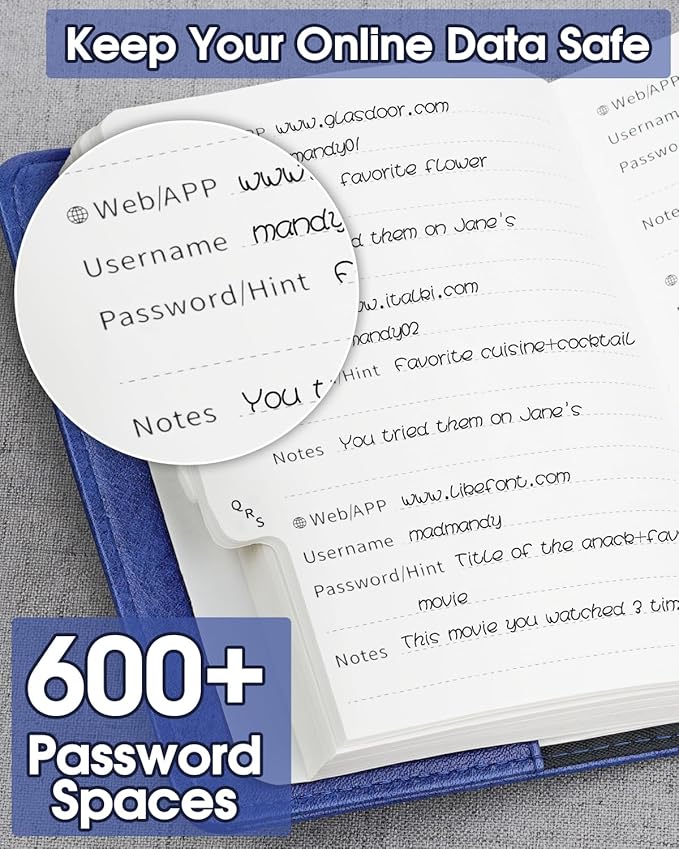 WEMATE Password Book with Lock, Password Book with Alphabetical Tabs 600+ Password Spaces, and Password Organizer Logbook, Password Keeper for Computer & Website Logins (4.33x6.18in) Blue