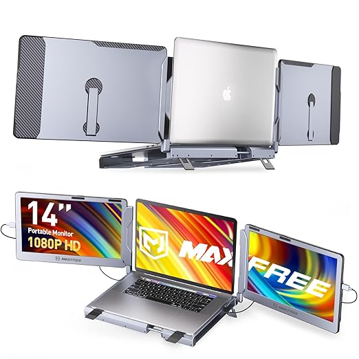 Maxfree F2 Triple Screen Laptop Screen Extender - 14'' Laptop Monitor Extender with 360° Rotation Stand, Plug & Play Compatible with Windows/Mac/Surface/Dex/Switch for 12-17'' Laptops