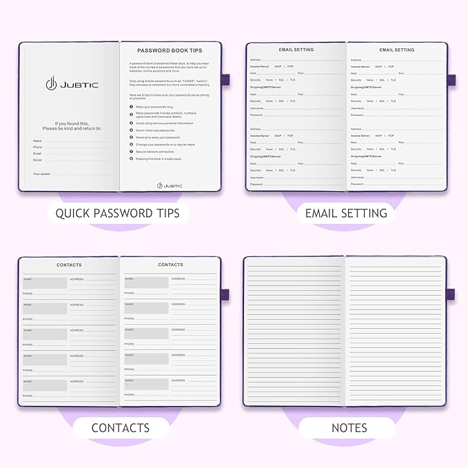 JUBTIC Password Book with Individual Alphabetical Tabs, 7"x10" Internet Password Keeper Book for Seniors, Password Notebook and Organizer/Notes Section,Purple