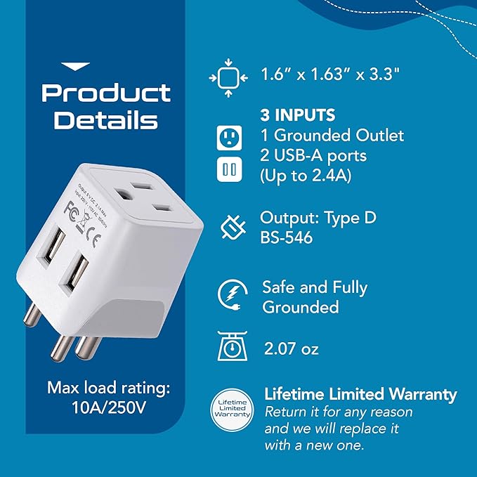 Ceptics India, Nepal, Bangladesh Travel Adapter Plug with Dual USB - Type D - Usa Input - Ultra Compact - Safe Grounded Perfect for Cell Phones, Laptops, Camera (CTU-10)