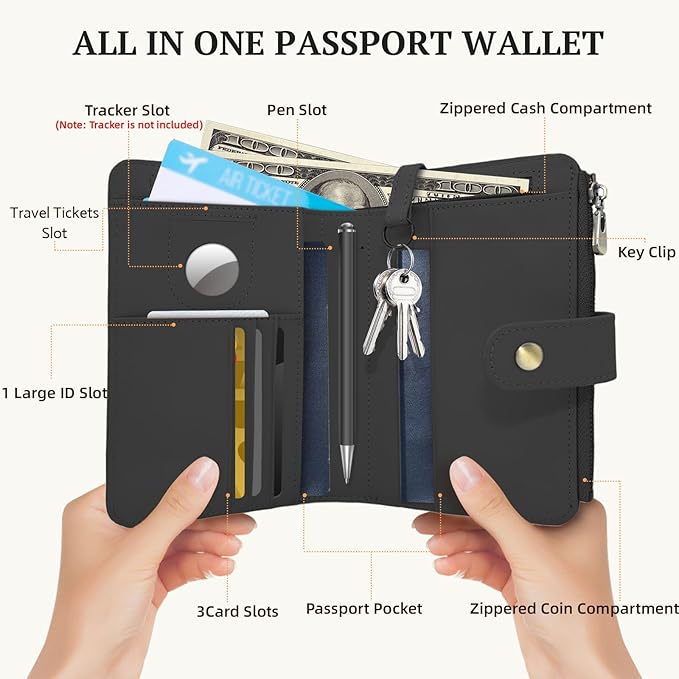 Full Grain Leather Passport Wallet, RFID Blocking Passport Holder with Tracker Slot, Multi Compartment Travel Wallet for Women & Men, Secure Passport Cover Case for Airport Essentials (Black)