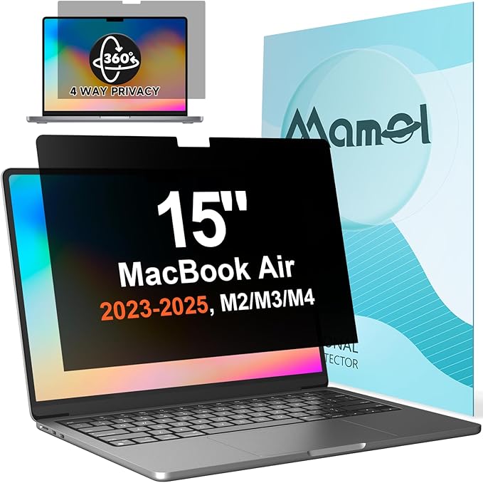 Mamol 360° Privacy Screen for Macbook Air 15 Inch (2023-2025, M2, M3, M4), Anti Glare Blue Light Filter, Nano No Glue Anti Spy Black Protector for Mac Air 15.3In Laptop