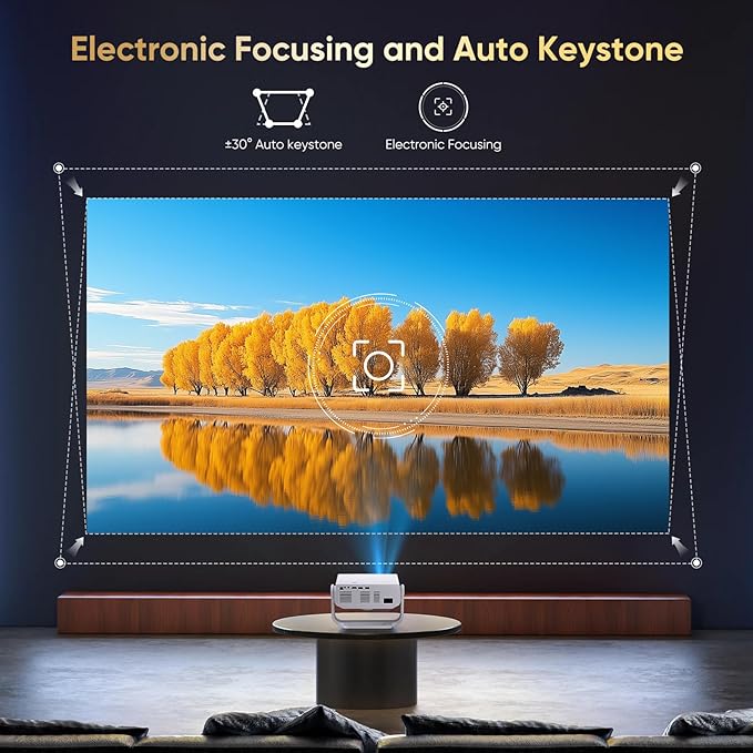 Projector with WiFi and Bluetooth, 1000+ Apps Installed, Electronic Focus & Auto Keystone, Low Fan Noise, Zoom, Native 1080P 4K Support Portable Mini Video Projector Outdoor Indoor