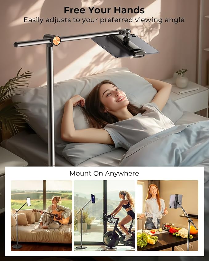 DIMONCOAT [Height-Adjustable & 360° Rotation Tablet Floor Stand Stable Base, Aluminum Alloy iPad Stand Floor Holder for iPad Mini Air Pro 12.9/9.7, Monitor, Kindle, iPhone 16, Cell Phones (4.7"-15.6")