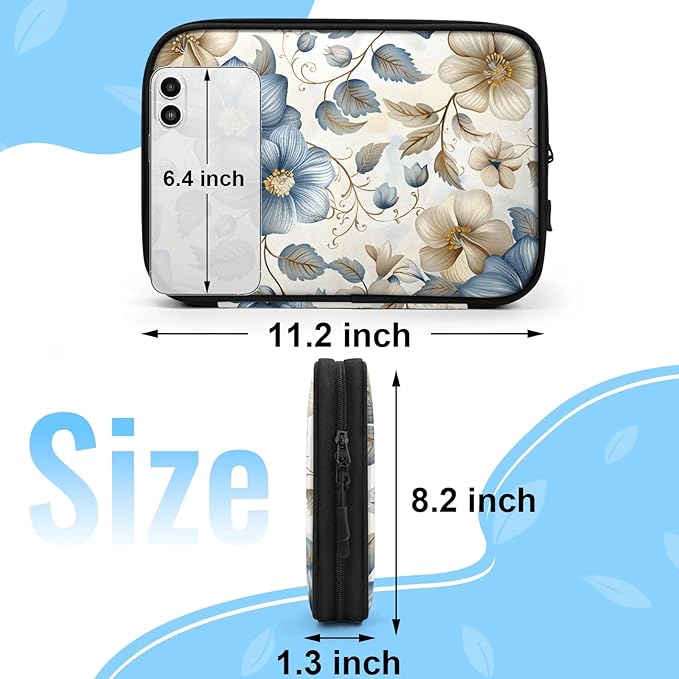 Blue White Flowers Electronics Travel Organizer Case, Tech Accessories Cable Storage Bag for Cords, Charger, Phone, Hard Drive