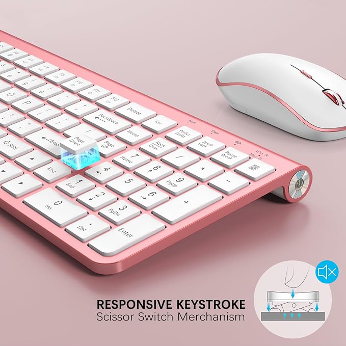 JOYACCESS Pink Wireless Keyboard and Mouse, Typewriter Keyboard Wireless, Ergonomic and Quiet Computer Mouse for for Desktop/PC/Laptop/Surface/Smart TV and Windows 10/8/ 7