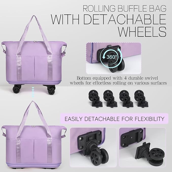 VOOWO Duffel Bag with Wheels - Rolling Foldable Expandable Duffle Bag with Wheels for Travel, Rolling Luggage Bag Carry On Travel Bag with Wheels, Large Wheeled Overnight Weekender Bag (Light Purple)