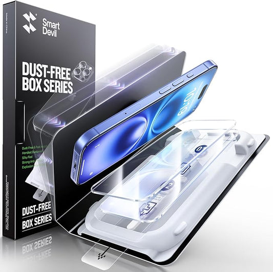 SMARTDEVIL 3 Pack Screen Protector for iPhone 16, Bubble-and-Dust-Free Box, HD Tempered Glass, Military Grade Shatterproof & Ultra Durable, Easy Installation
