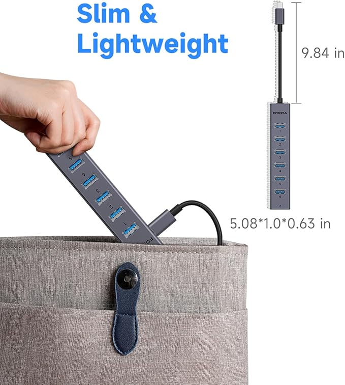 FORIDA USB C to USB Hub, 8 Ports USB 3.0 Adapter with 7 USB 3.0 Data Ports,USB Splitter with USB C 5V/3A Power Port, 9.8N/25CM Main Cable for Laptop PC and More (Dark Gray, 9.8 in)