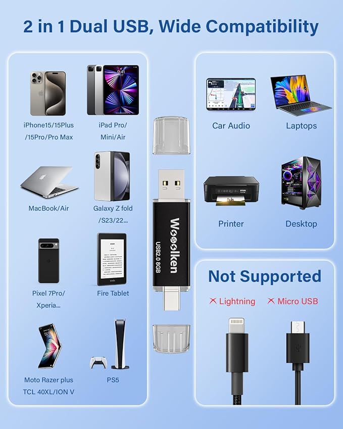 20 Pack 8GB USB C Flash Drive, Wooolken 2-in-1 Type-C Thumb Drive, Dual USB 2.0 Memory Stick Compatible with iPhone 16/15 Smartphone Tablet Computer