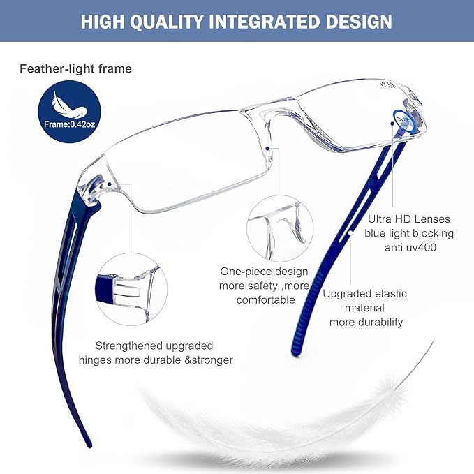 AQWANO Frameless Reading Glasses Blue Light Blocking Computer, 5 Pack Clear Frame Rimless Readers Anti Glare Filter Lightweight for Women Men,4.0