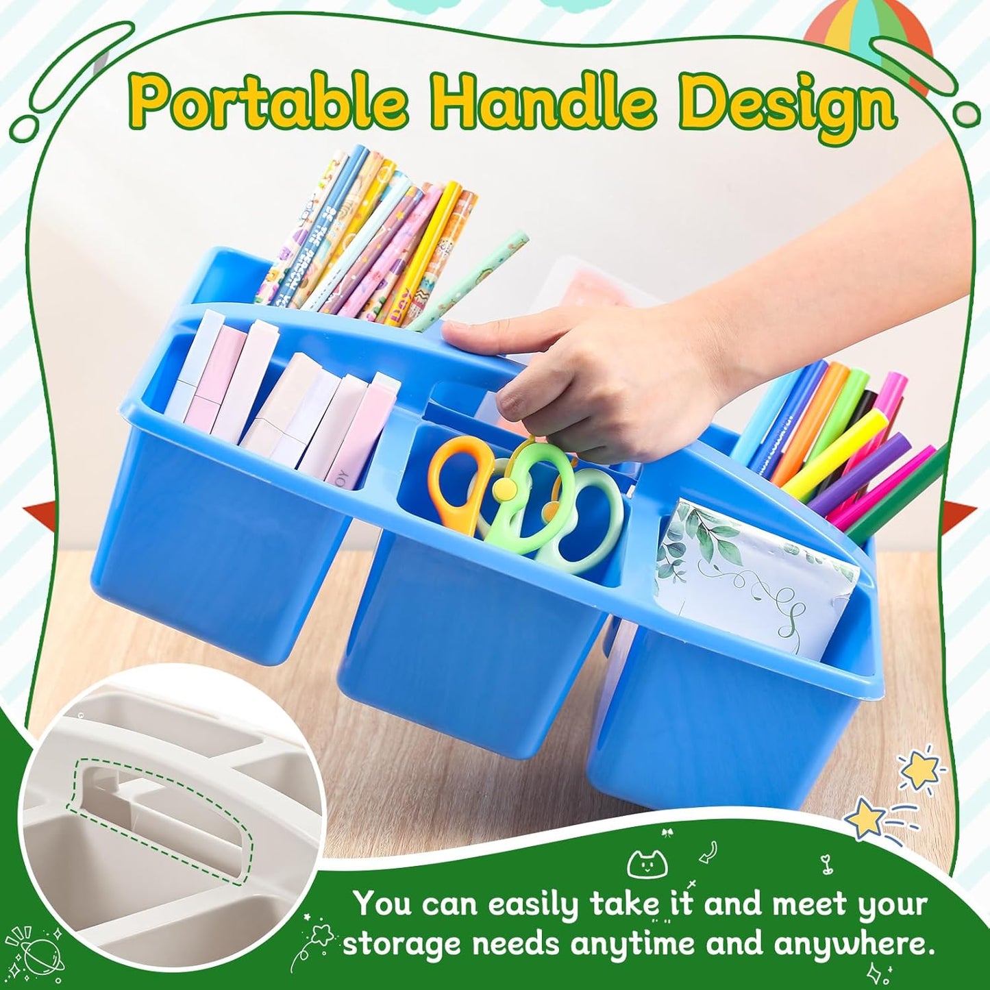 6 Equal Compartment Classroom Caddy, 12 Pack Small Caddy Organizer with Handle Rainbow Colors Plastic Classroom Table Caddies School Supply Organizer for Easy Storage(Rainbow Colors)