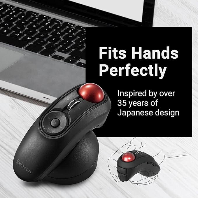 ELECOM Relacon Handheld Trackball Mouse, Thumb Control, 2.4GHz Wireless, Ergonomic Design, 10-Button Function with Smooth Tracking, Windows11, MacOS (M-RT1DRBK)