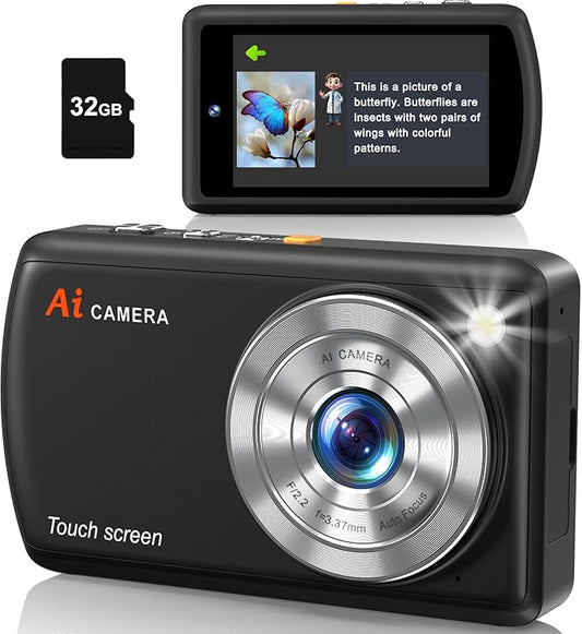 AI Digital Camera, WiFi Cameras for Photography with Object Recognition, Compact Point and Shoot Digital Camera with Dual Lens, Flash, 3.6" Touch Screen, Gift for Kids Teens