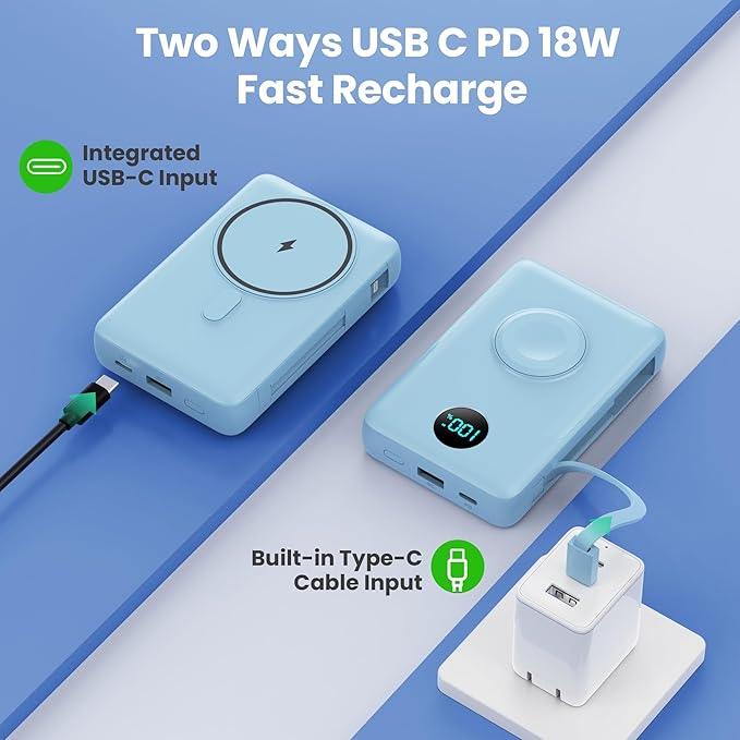 Magnetic Portable Charger for iPhone with Built-in Cables, 6-in-1 10800mAh Power Bank with iWatch Charger & LCD Display,25W Fast Charging Battery Pack for iPhone 16/15/14/13/12,Apple Watch (Sky Blue)