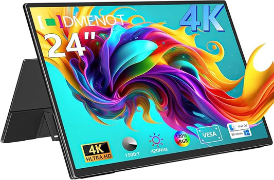 4K Large Portable Monitor 24“ Travel Monitor UHD 3840 * 2160 120% sRGB External Second Screen for Desktop Laptop Mini PC MacBook W/Stand VESA HDMI USB-C Gaming Display for PS5/Xbox (OS24-4K)