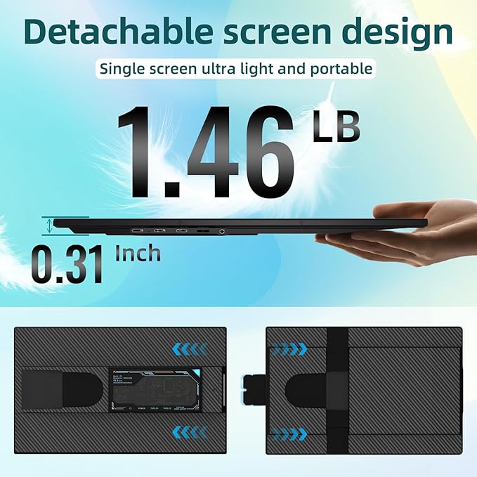 Laptop Screen Extender Dual Monitor - 15.6" Portable Monitor 85% NTSC IPS 1080P FHD Detachable Screen Extended Extra USB-C/HDMI Port Compatible with Wins Mac Dex Chrome Fits 13"-17" Laptops