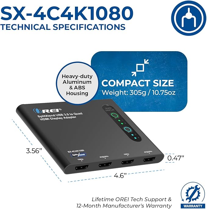 OREI SplitExtend HDMI Splitter Extended Display for Quad Monitor - Multi-Monitor Display 5 Separate Screens - USB-C Adapter to HDMI 2.0, 4K@30Hz Outputs - Windows and Mac Compatible