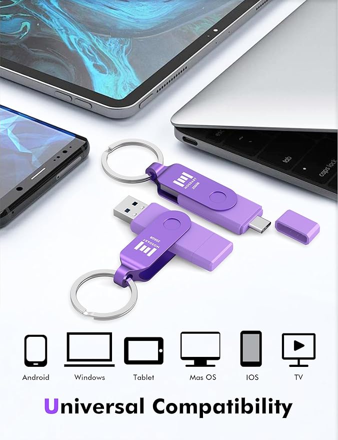 MOSDART 256GB USB3.1 Fast Speed C and A Dual Flash Drive, exFAT Memory Stick with Keychain and LED Indicator, for iPhone 15 and 16, Android Phone, iPad, MacBook, and Other Laptops, Purple